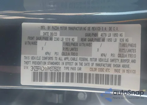 2023 Mazda Mazda3 2.5 S Carbon Edition z USA, uszkodzony, nr VIN 3MZBPACMXPM376931